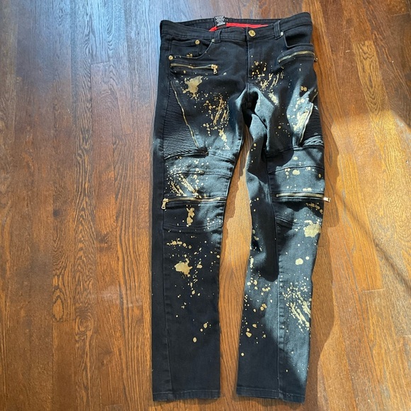 Krome 34”x32” Black Straight Leg Jeans with Gold Paint Splatters - Picture 1 of 9